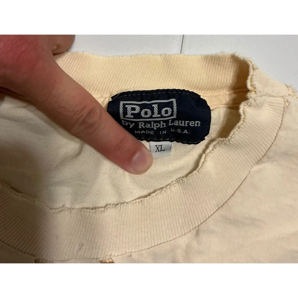 VTG USA Made Y2K Polo‎ Ralph Lauren  Cream Thrashed Distressed Cotton T Shirt XL